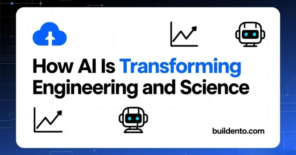 Create a professional WordPress blog featured image. IMPORTANT: All text in the image must be in ENGLISH ONLY. Do NOT use Chinese characters. Image size: 1200 × 628 pixels. Style: modern, minimal, tech/business, clean and premium. Background: simple gradient or abstract tech background, no clutter. Add minimal, relevant tech icons or illustrations (AI, websites, tools, digital elements). Insert a short visual headline (How AI Is Transforming Engineering and Science) in bold, modern sans-serif font. Highlight one main keyword using stronger weight or a brighter color. Use high contrast colors so the text is readable on mobile. Do NOT add people, stock photos, logos, or watermarks. At the bottom-right corner, add small English text: buildento.com Keep branding subtle and professional. How AI Is Transforming Engineering and Science